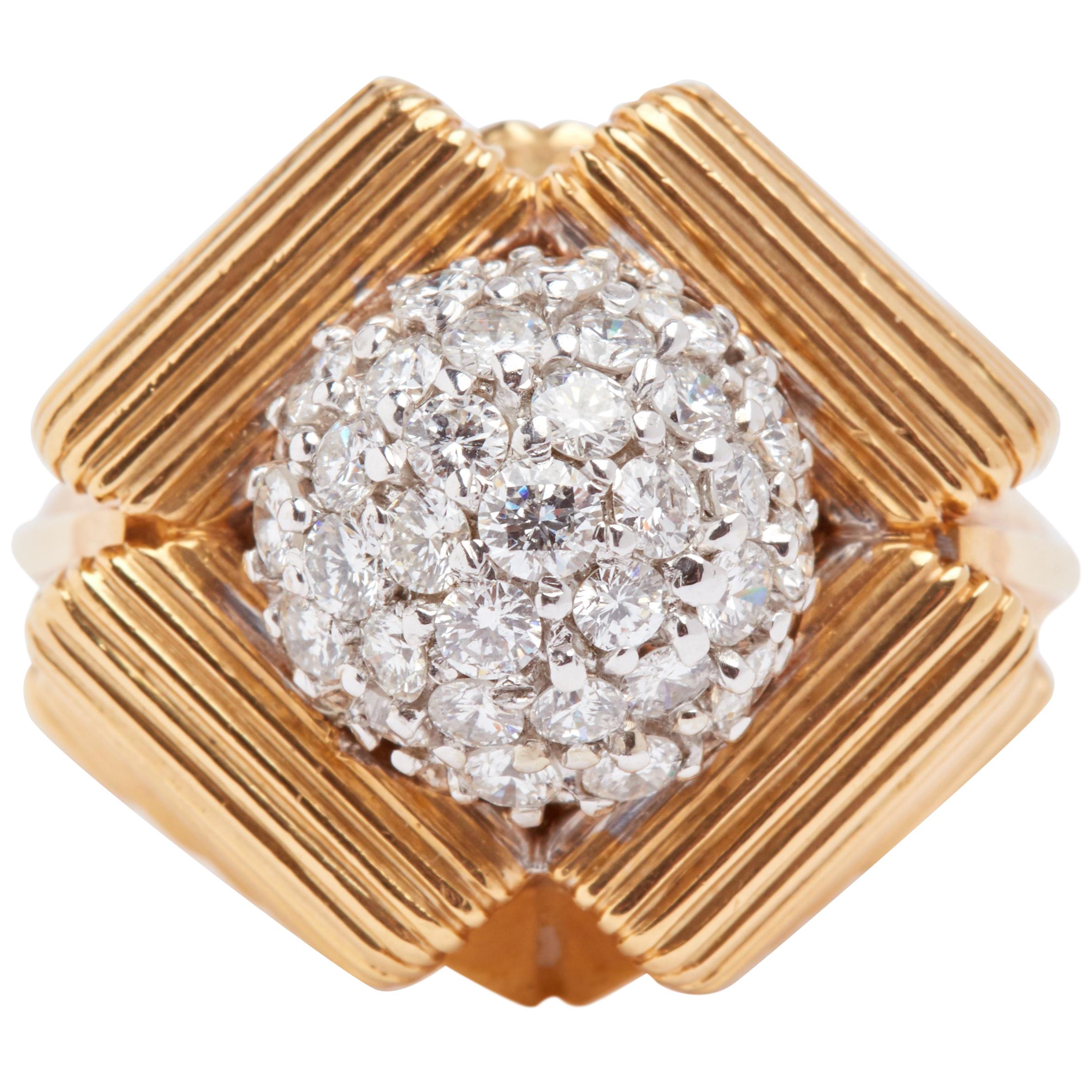 18 Karat Yellow Gold Dome Cluster Geometric Ring