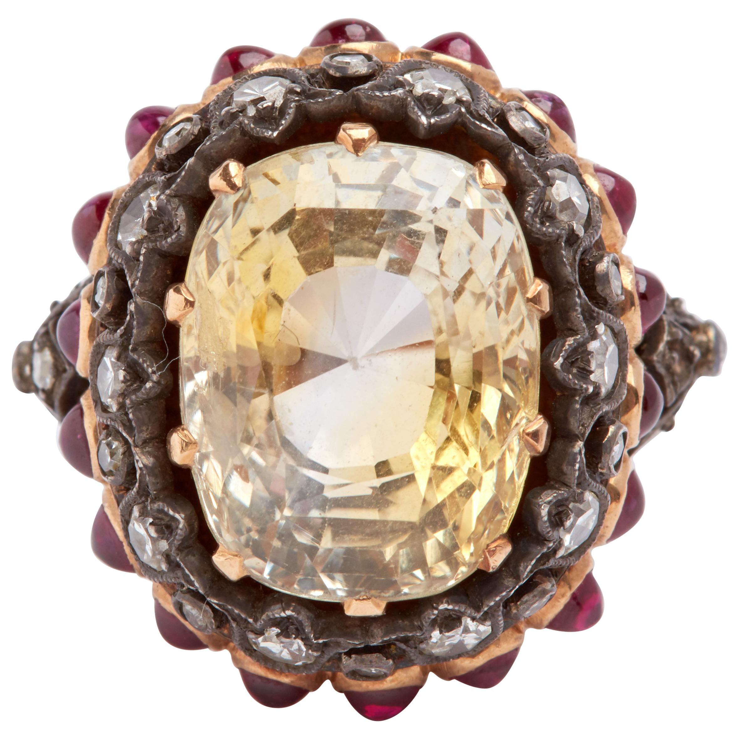 Yellow Gold Yellow Sapphire, White Diamonds and Cabochon Rubies Ring