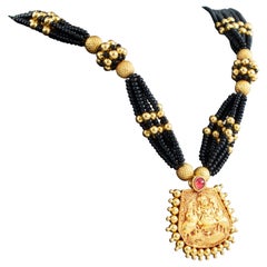 22 Karat KDM Yellow Gold Pendant with Gold and Black Bead Strands Necklace