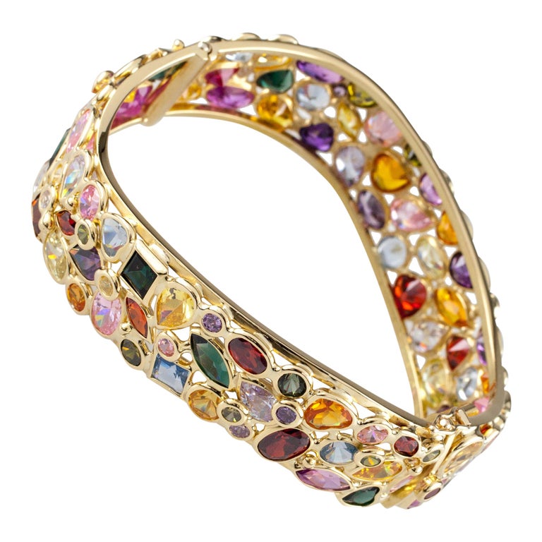 C. 1990 Vintage Multi-Gemstone Inlay and .25 ct. t.w. Diamond Bangle  Bracelet in 14kt Yellow Gold. 7