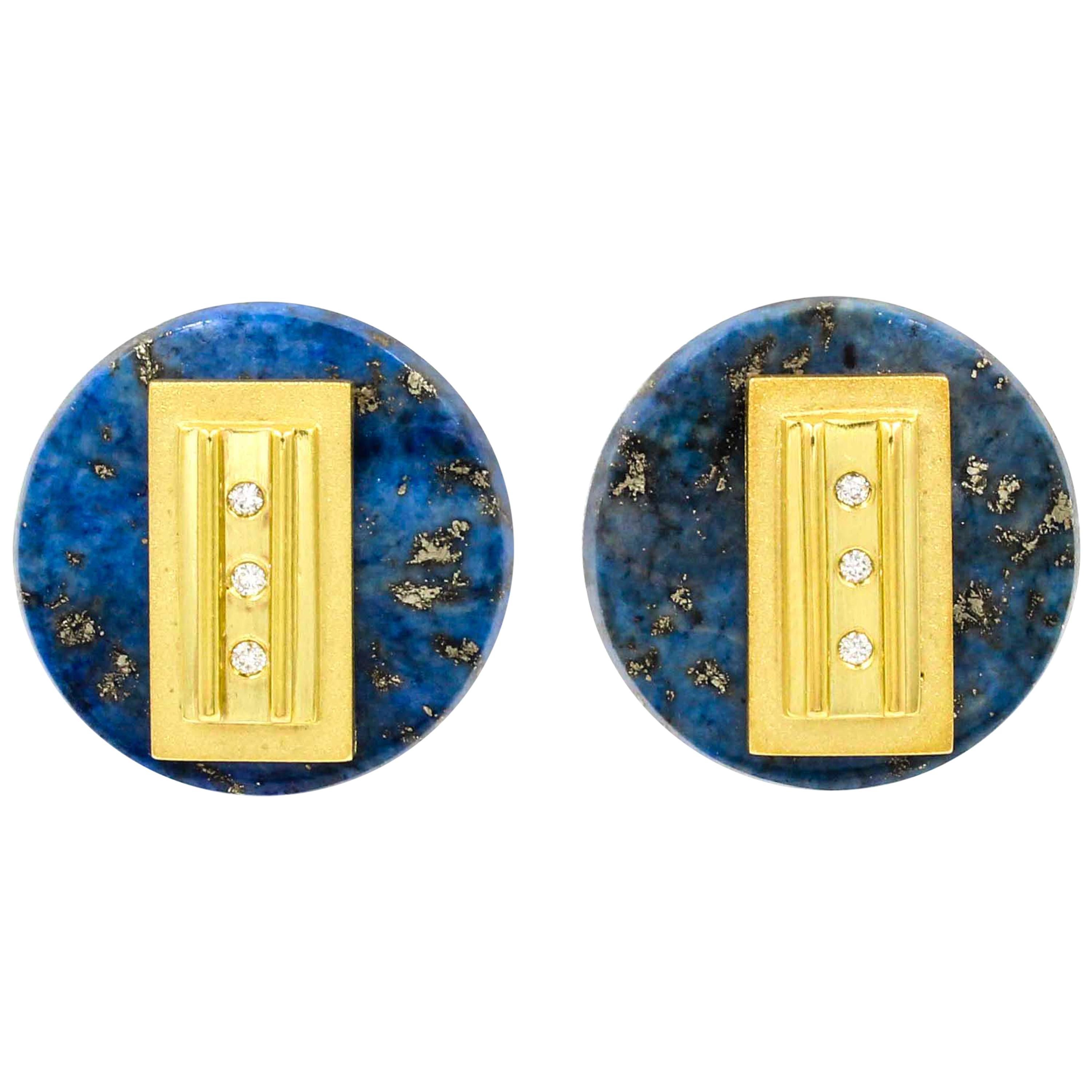 Janis Kerman, 18 Karat Gold, Diamond and Lapis Lazuli Disk Earrings For Sale