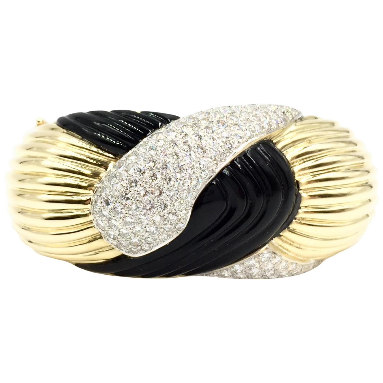 18 Karat Diamond and Onyx Fluted Wide Bangle Bracelet