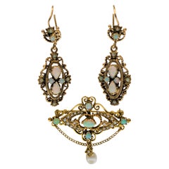 14K Yellow Gold 
Genuine Opal Brooch Pin Pendant 
Matching Dangle Earrings