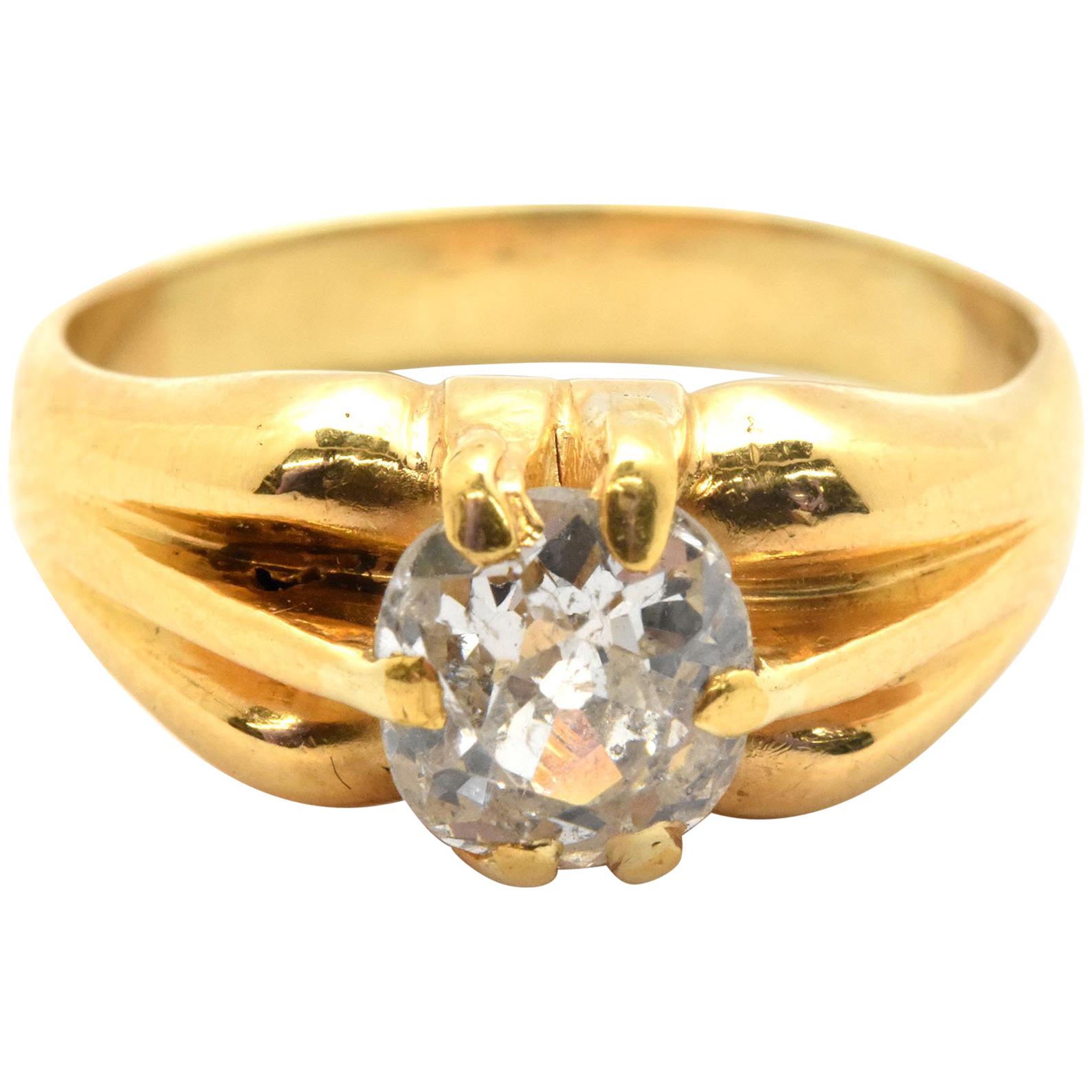 21 Karat Yellow Gold and 1.10 Carat Mine Cut Diamond Ring 8.17 Grams