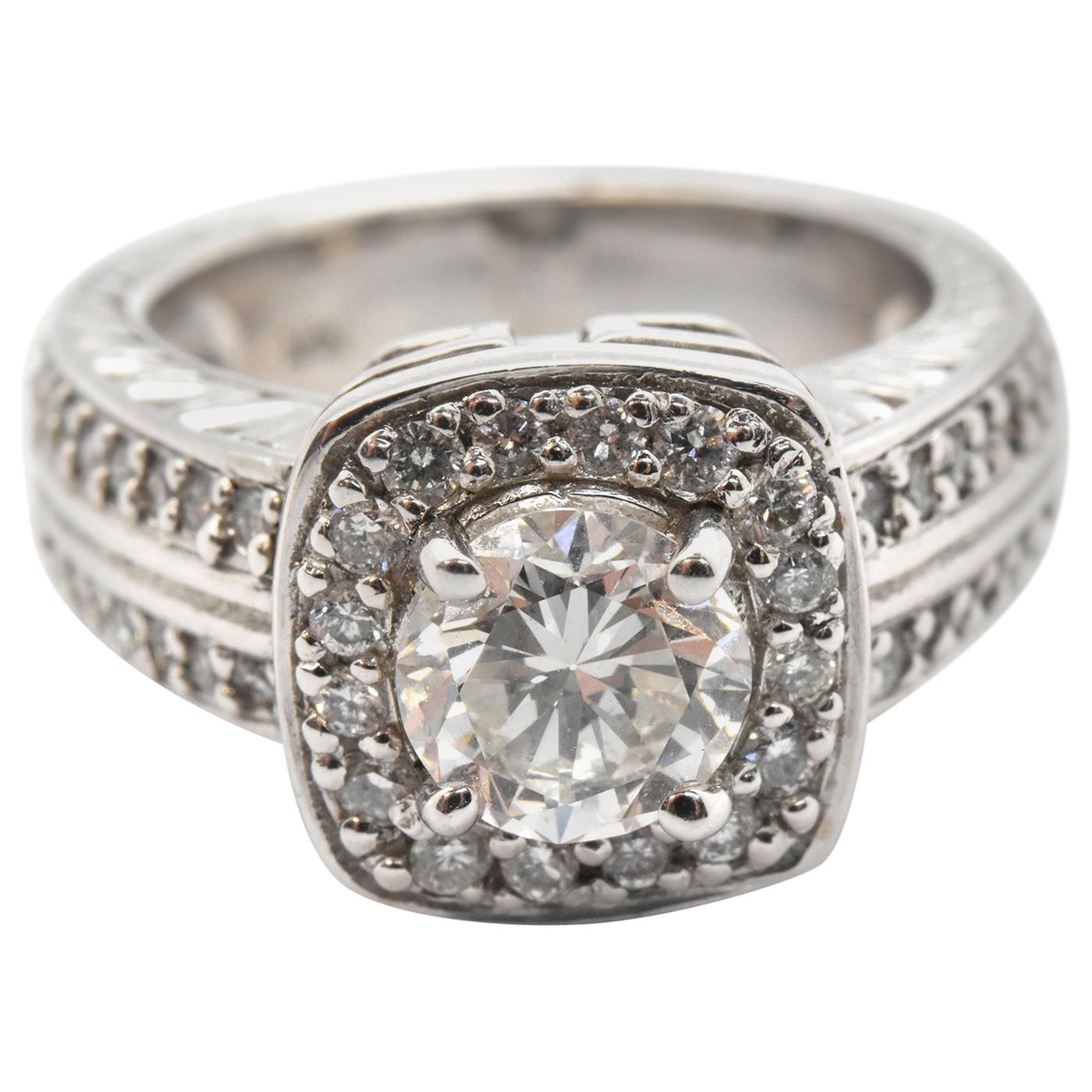 14 Karat White Gold and 0.78 Carat Round Diamond Ring with Accents