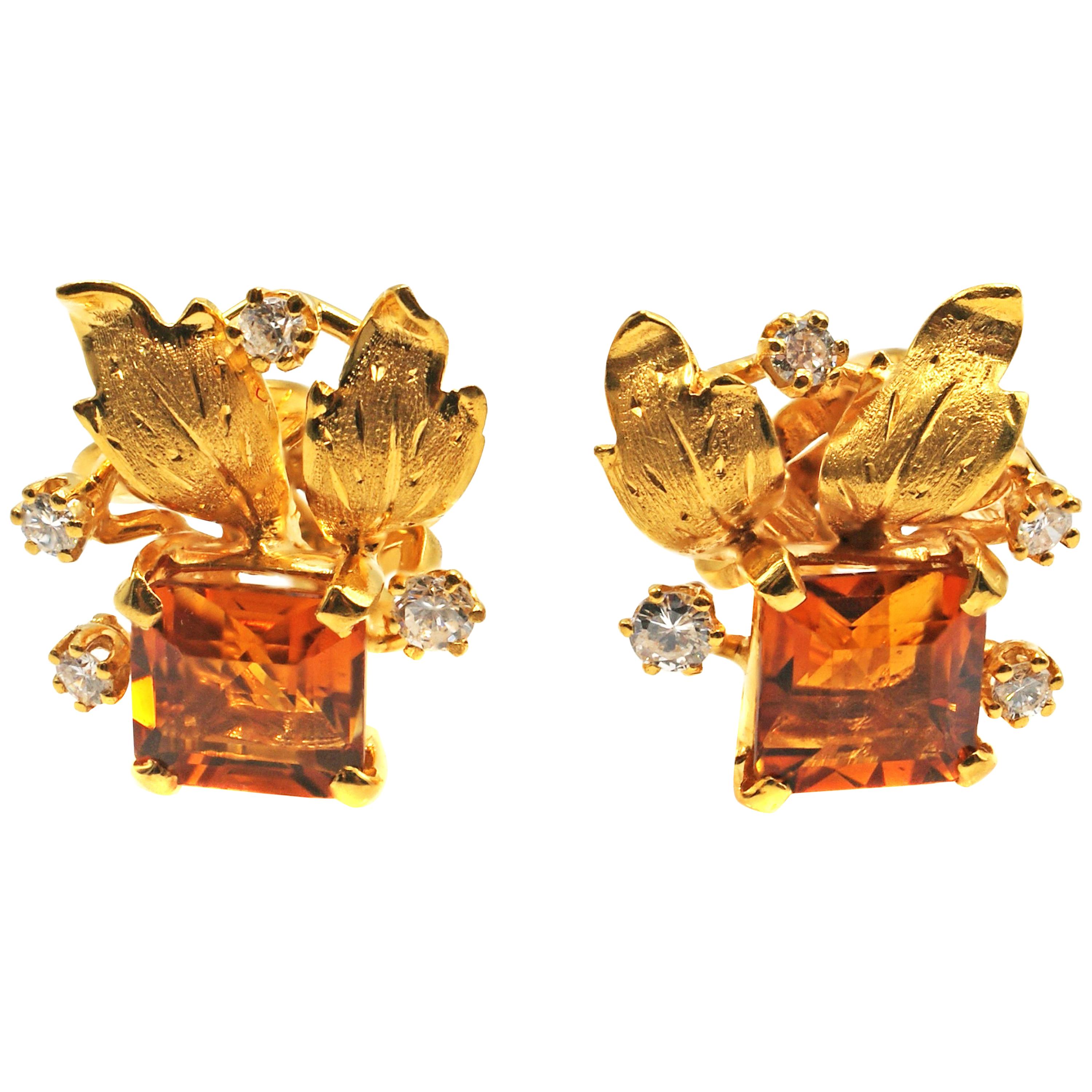 Madeira Citrine Diamond 18 Karat Gold 1950s Earrings