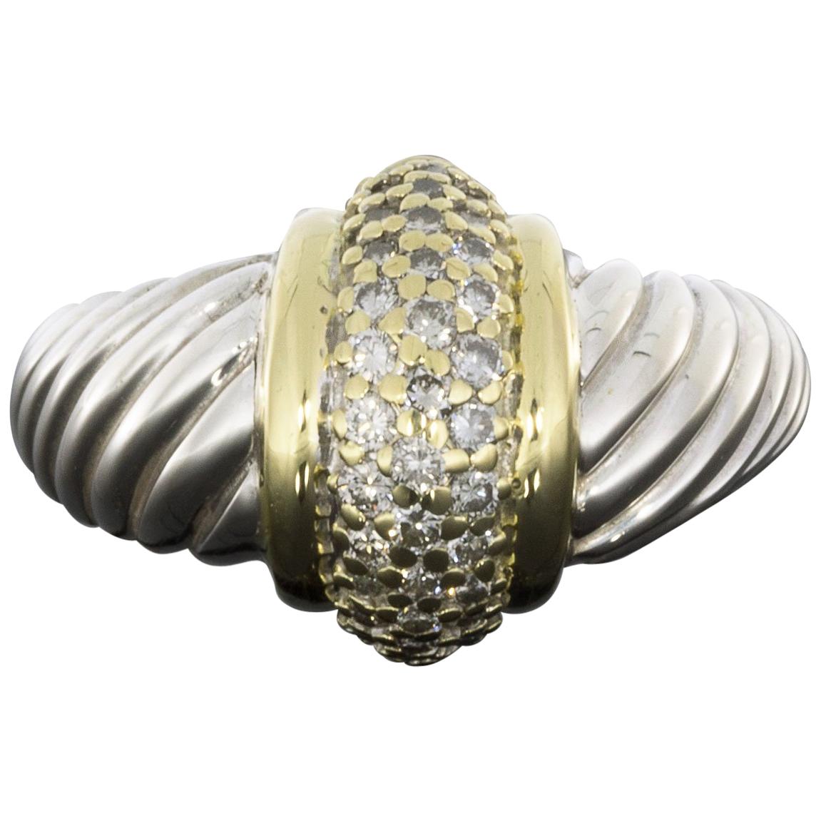 David Yurman Thoroughbred Gold and Silver Pave Diamond Cable Band Ring