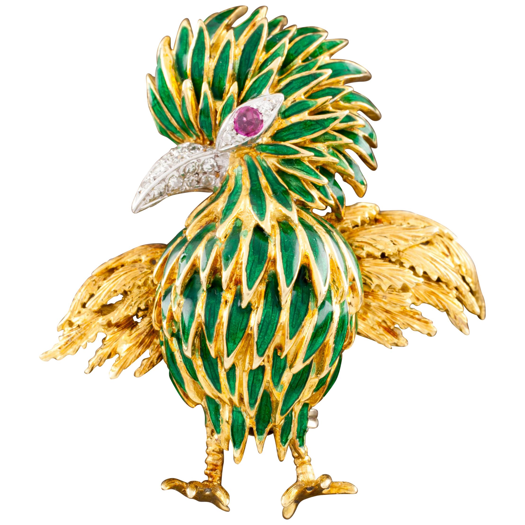 18 Karat Yellow Gold Diamond and Ruby Green Enamel Bird Brooch