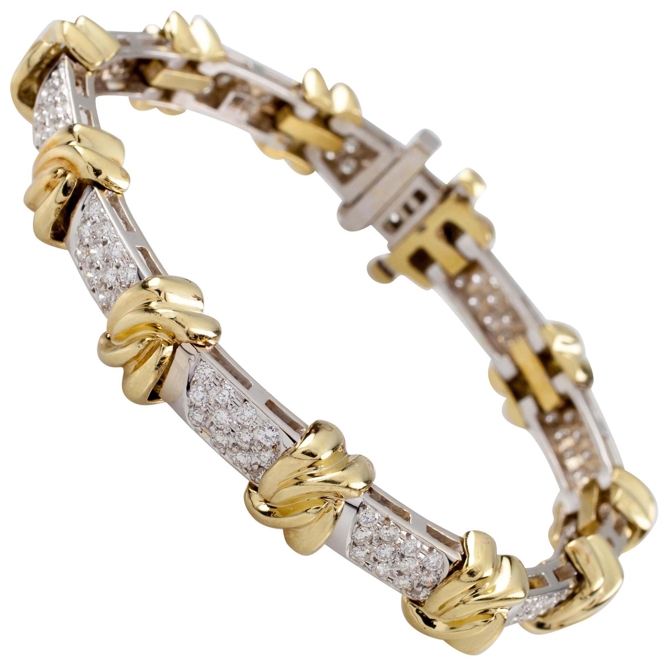 Bracelet bicolore en or blanc et jaune 18 carats avec nœuds de diamants de 4,00 carats