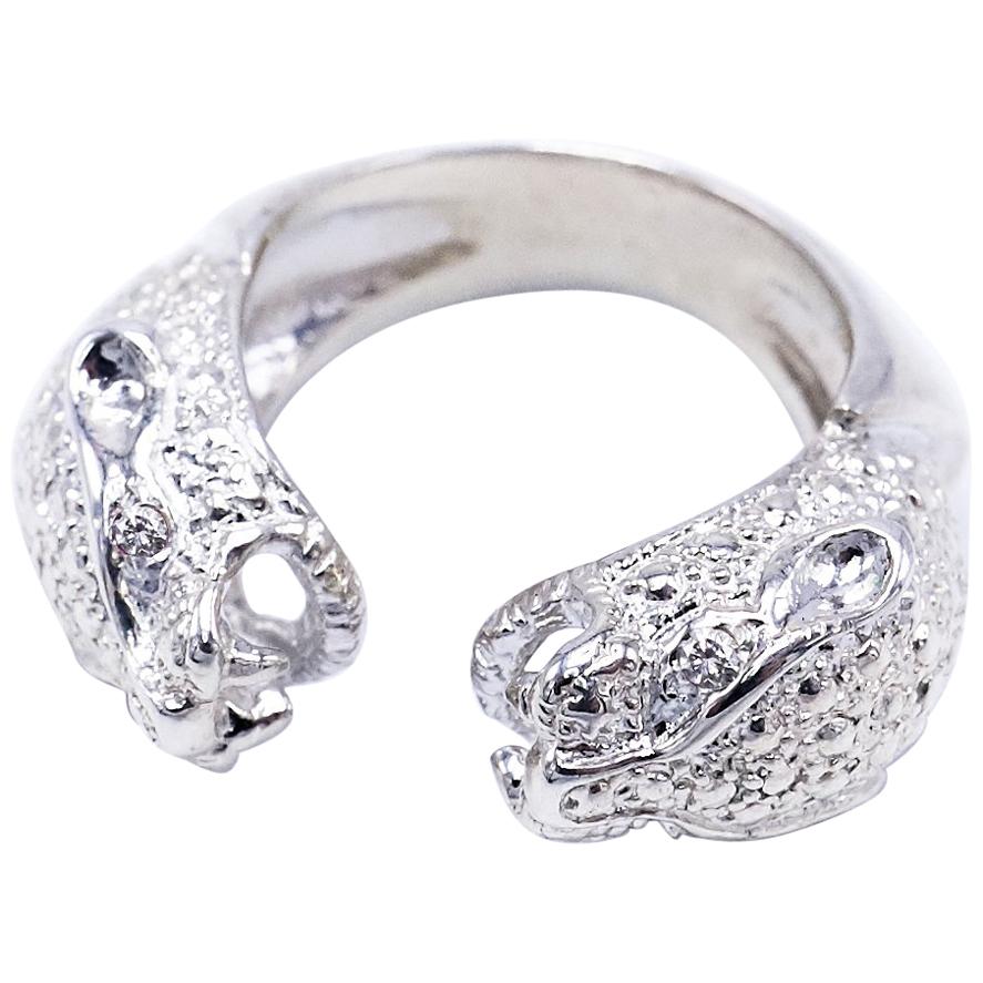 Double Head Jaguar Ring White Diamond Sterling Silver Cocktail Ring J Dauphin For Sale