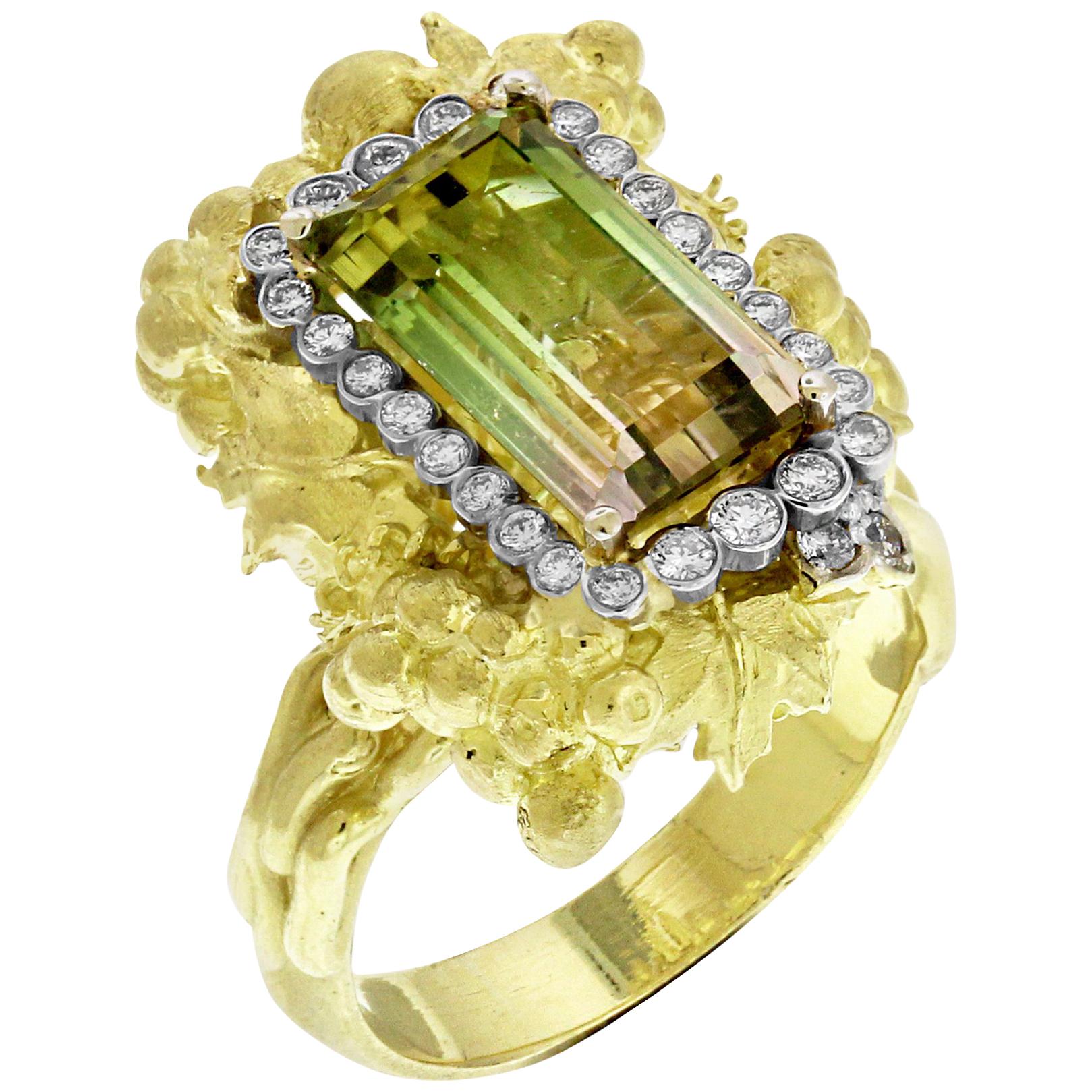 Bicolor Tourmaline and Diamond Yellow Gold Cocktail Ring Stambolian