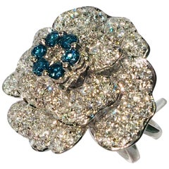 Stunning 7.00 Carat White and Blue Diamond Camellia Flower 18K White Gold Ring