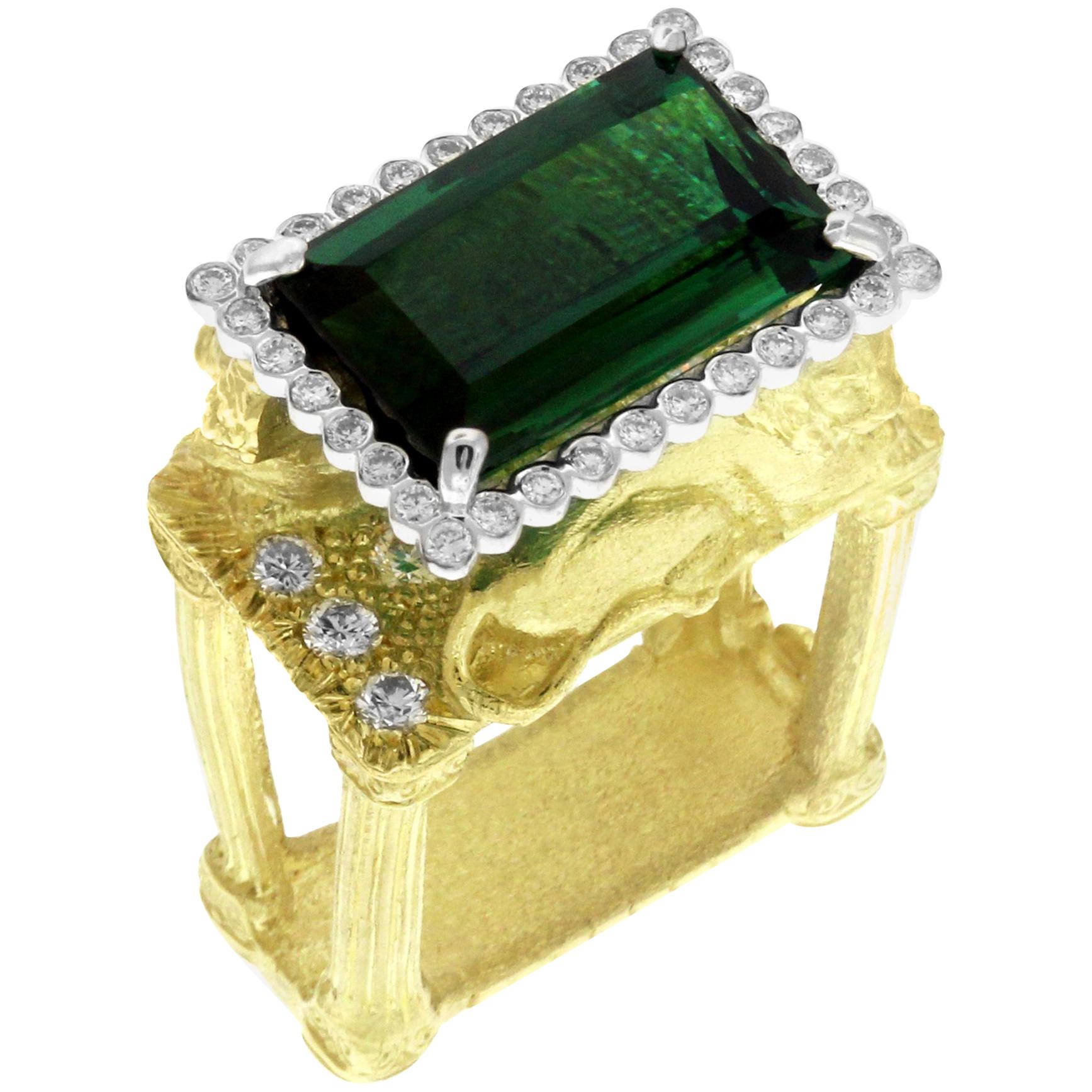 Green Tourmaline and Diamond Lion Cocktail Ring Yellow Gold Stambolian For Sale