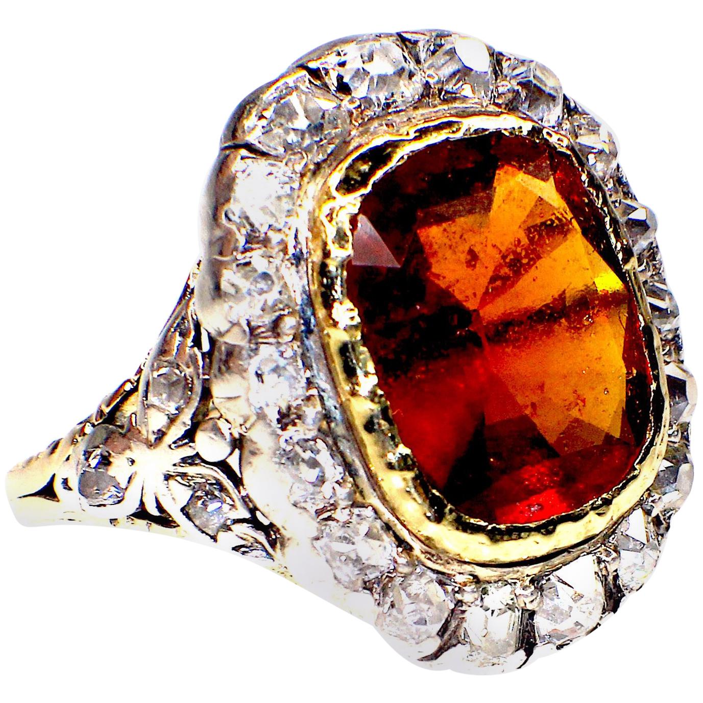 GEMOLITHOS Antique Mandarin-Spessartite Granet & Diamond Ring, Mid-19th Century