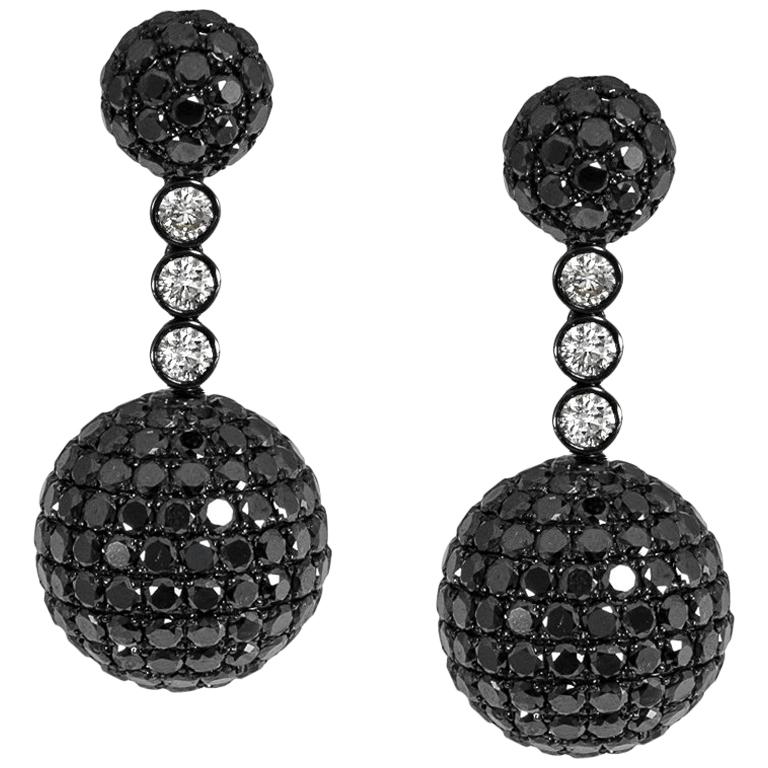 Disco Ball Earrings 18 Karat Gold Black Fancy Colored Diamonds French