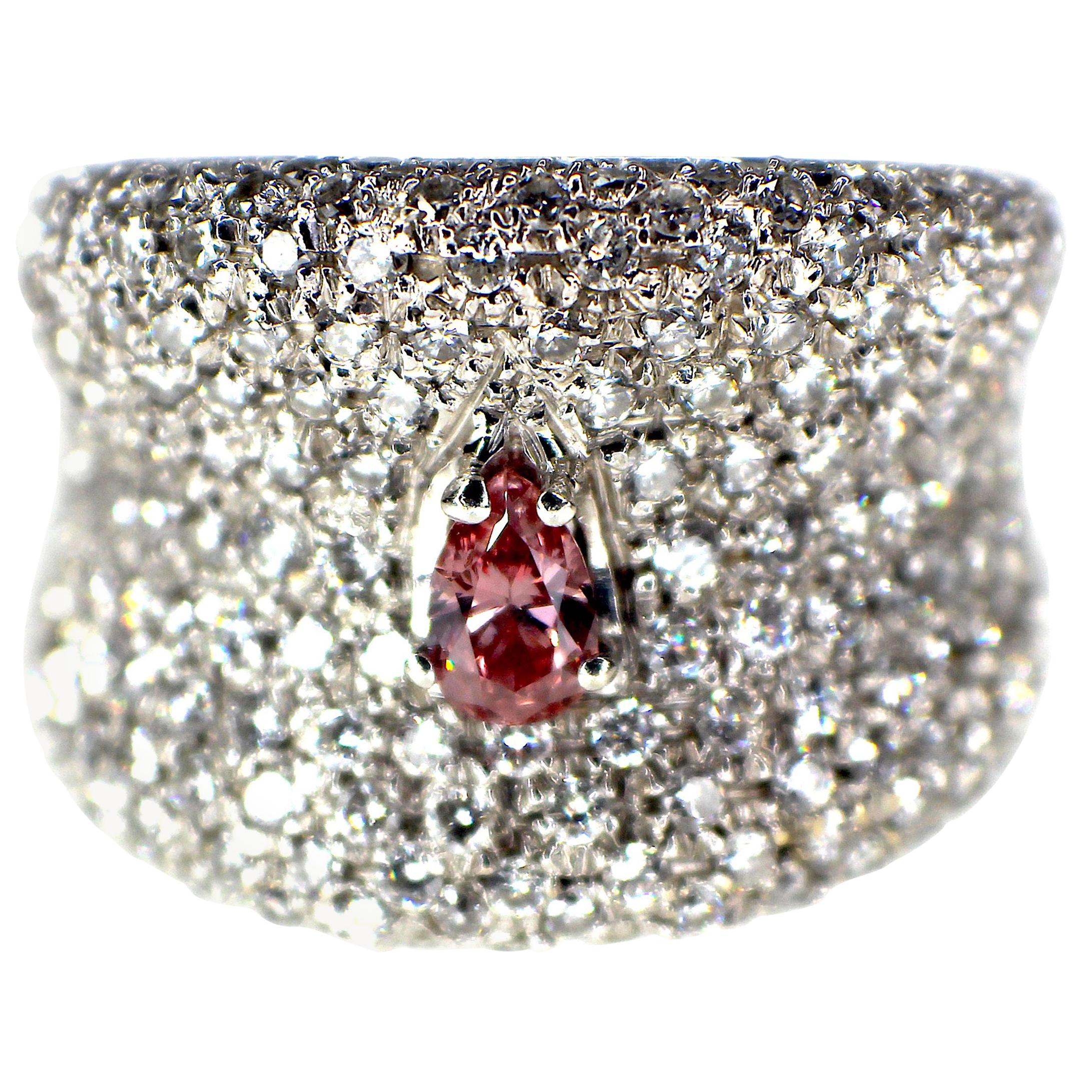 GIA 0.26ct Fancy Intense Purplish Pink Natural Diamond and Diamond Ring Pave Set