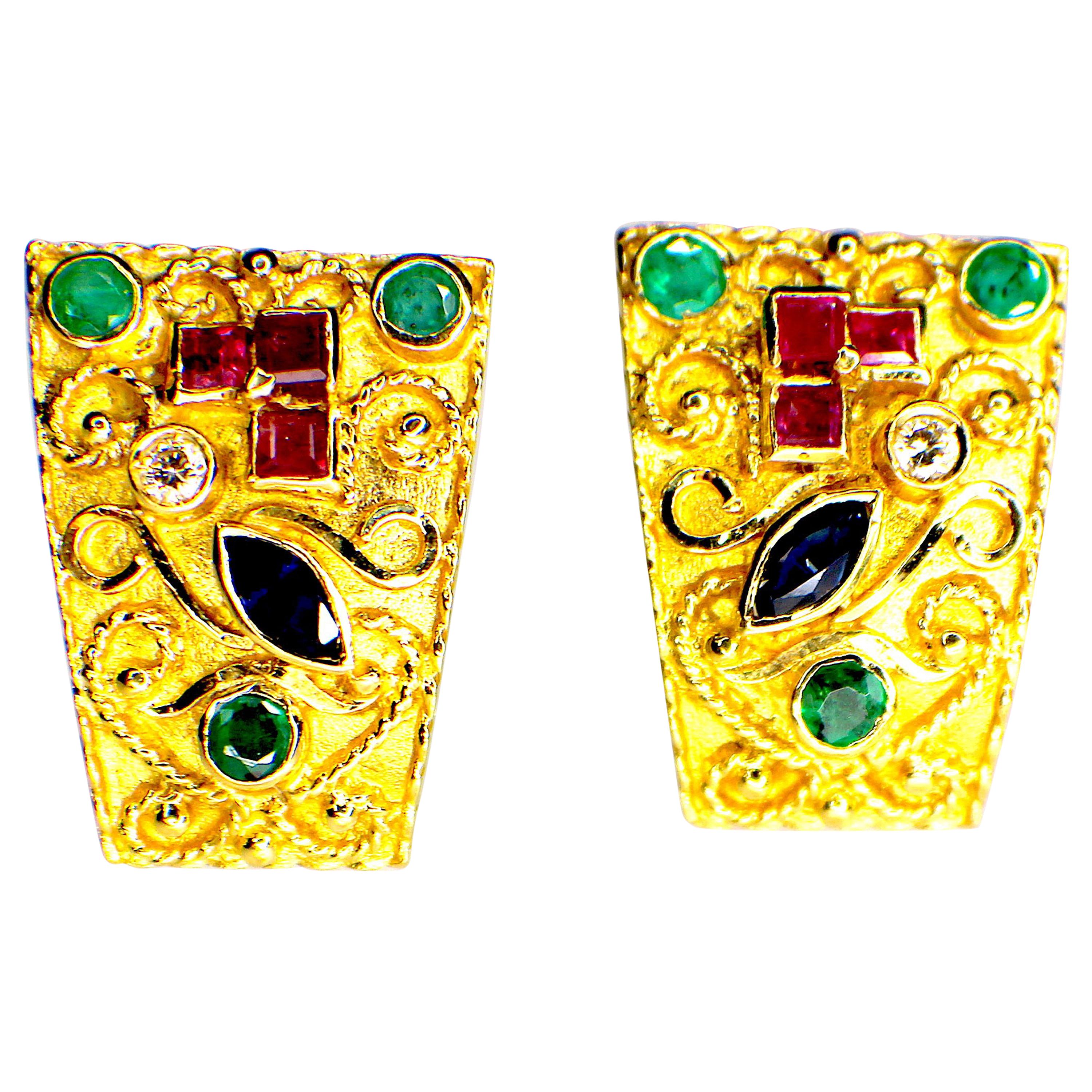 GEMOLITHOS Byzantine Style, Handcrafted, Gem Set Earrings, 1970s-1980s For Sale