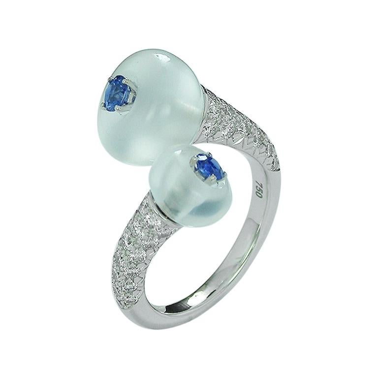 Double Moonstone Blue Sapphire and Diamond Toi et Moi Ring For Sale