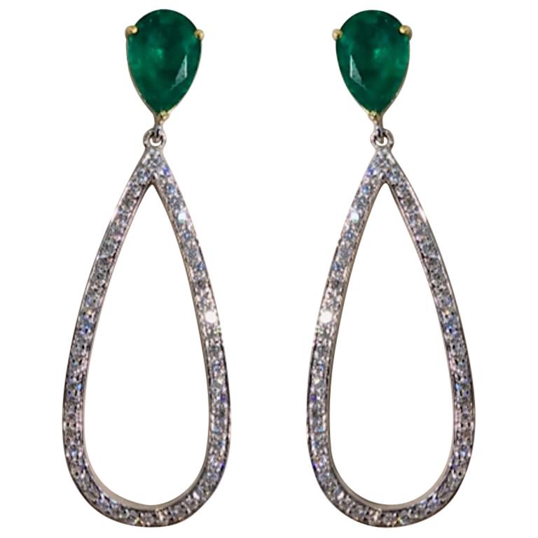 4.41 Carat Pear Shape Emerald and Diamond Dangle Earrings