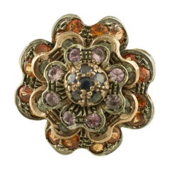 Blue Pink Green Yellow Sapphires Rose Gold and Silver Flower Shape Cluster Ring
