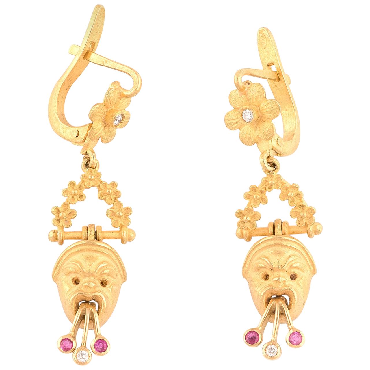 Gold Diamond and Ruby Mask Pendent Earrings