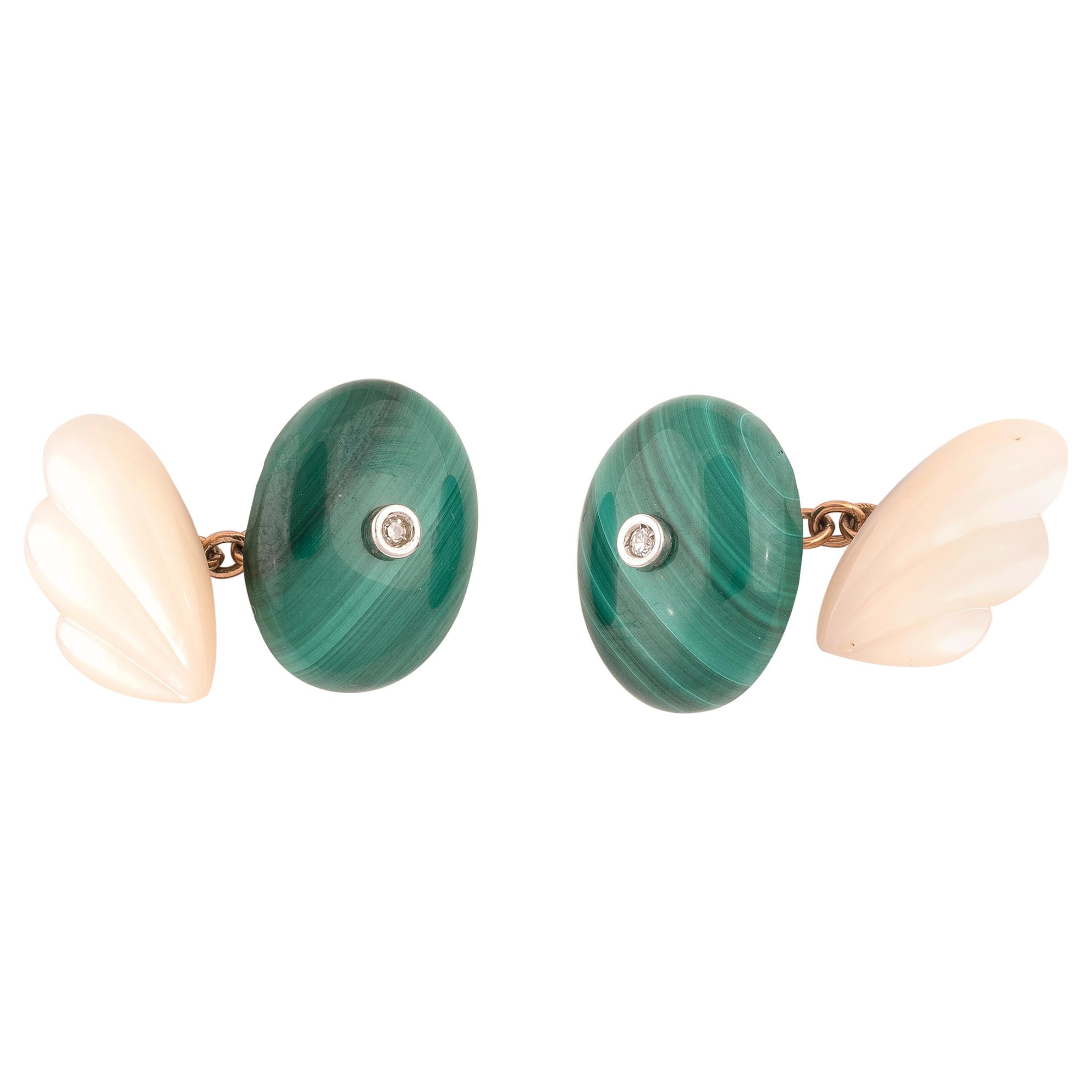 Gold Mother of the Pearl Malachite and Diamond Cufflinks For Sale