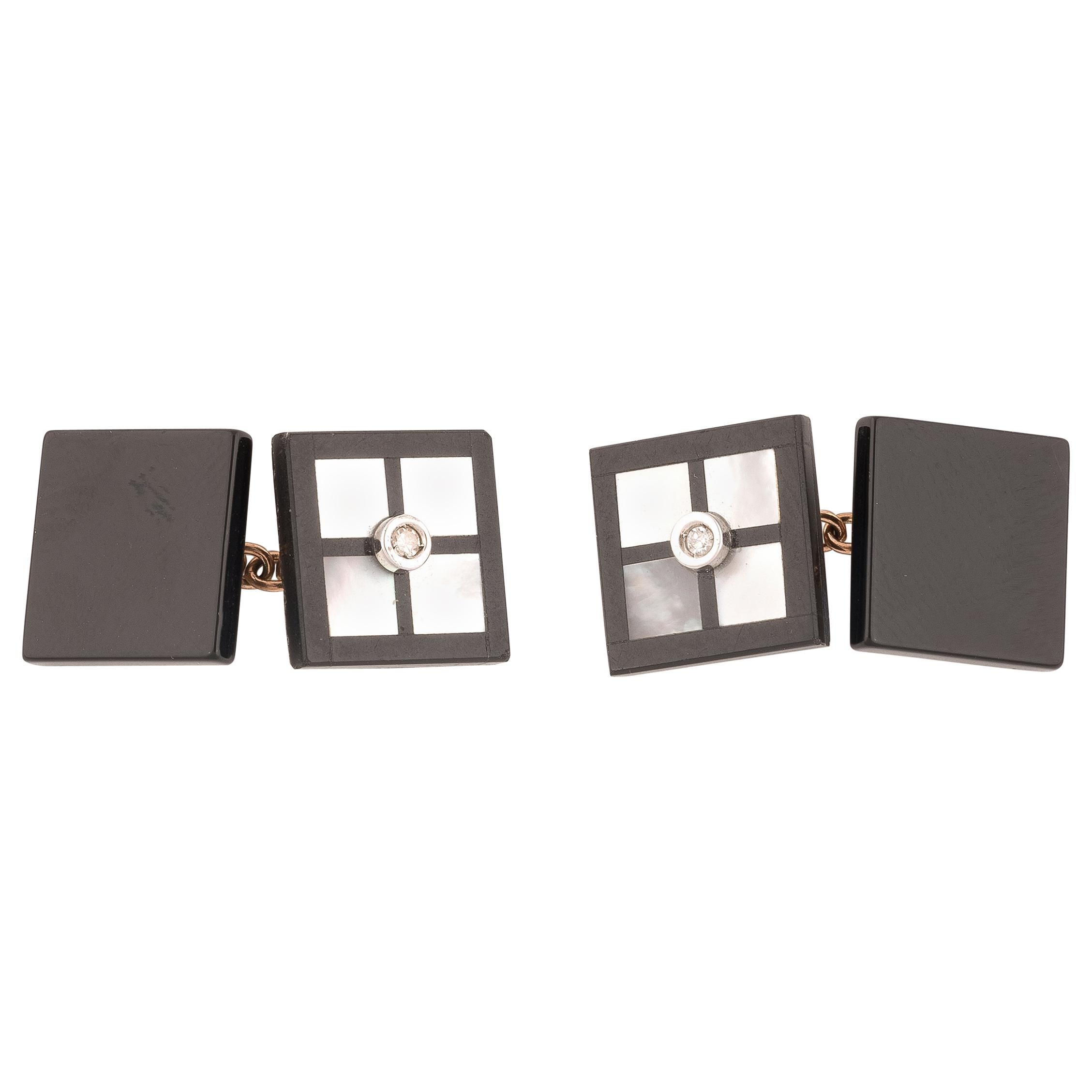 Gold Onyx Mother of Pearl and Diamond Cufflinks For Sale