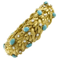 Bracelet Retrò en or jaune, diamants blancs, turquoise et feuilles