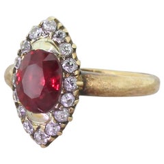 Antique Victorian 1.51 Carat Ruby and Old Cut Diamond Navette Ring