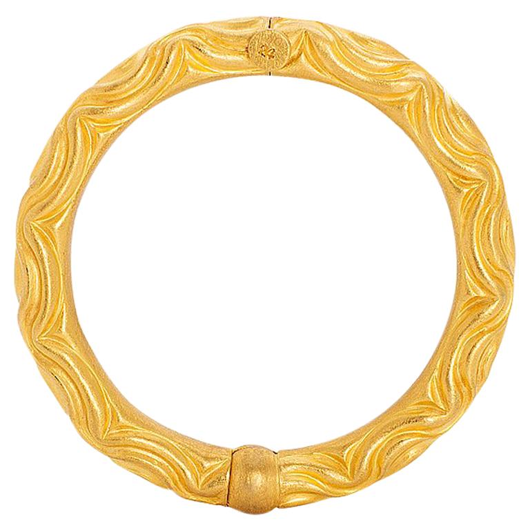 24 Karat Pure Gold Handcrafted Wavey Repousse Cuff Bracelet For Sale