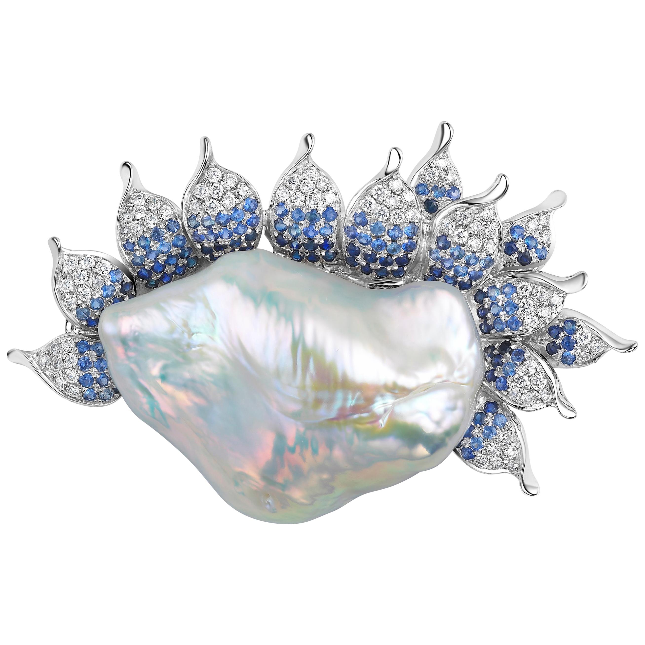 Fei Liu Pearl Diamonds Sapphires White Gold Brooch Pendant Necklace