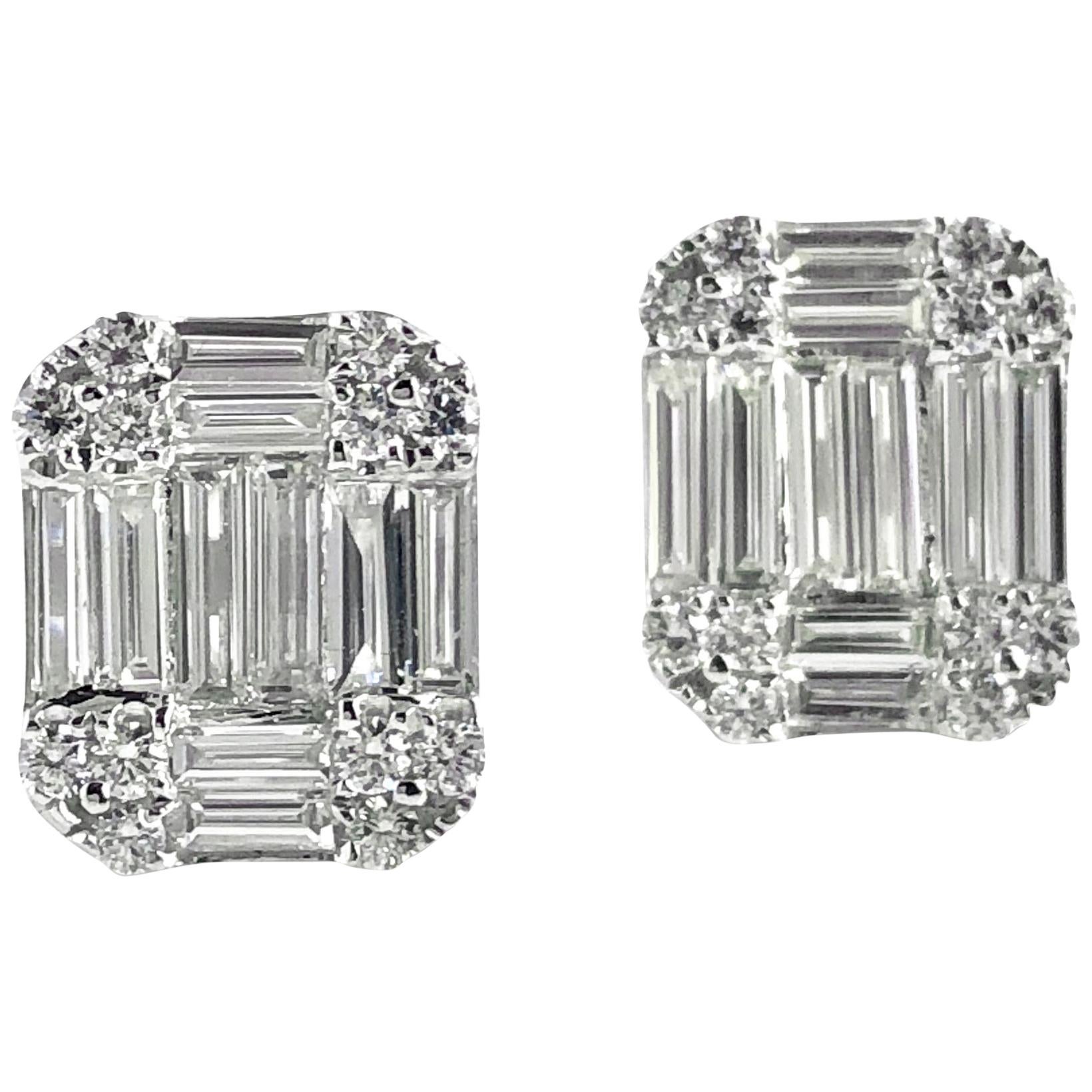 1.09 Carat Baguette and Round Diamond Stud Earrings in 18 Karat White Gold