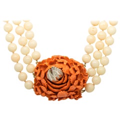 Pearl Diamond Coral Necklace Vintage Yellow Gold 18 Karat