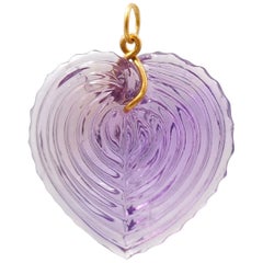 Used Hand Carved Amethyst Large Heart Shell 22 Karat Gold Pendant