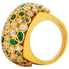 24 Karat Gold Handcrafted Fancy Shape Emerald and Diamonds Cocktail Ring