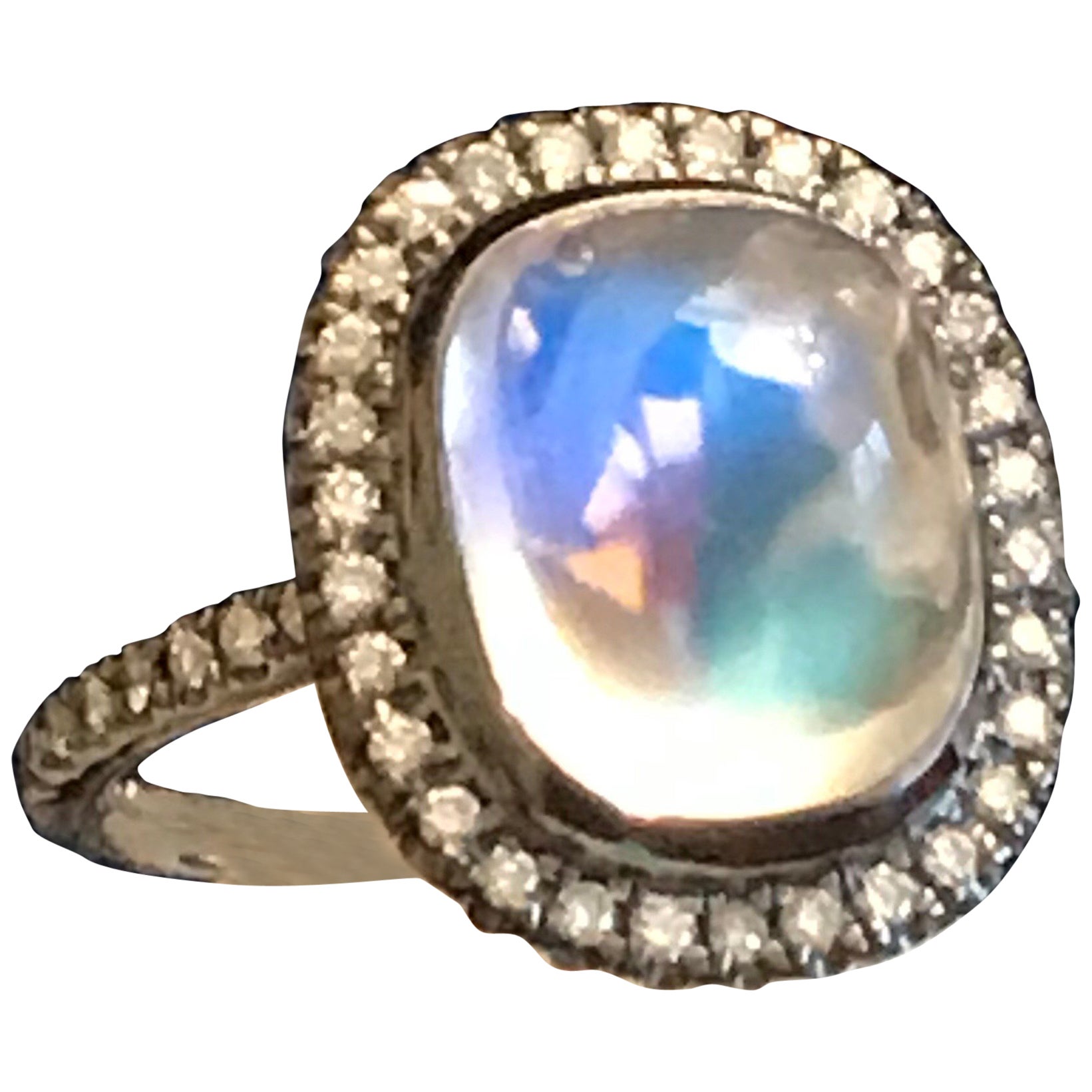 Statement Royal Blue Moonstone Ring with Diamond Accent For Sale at 1stDibs