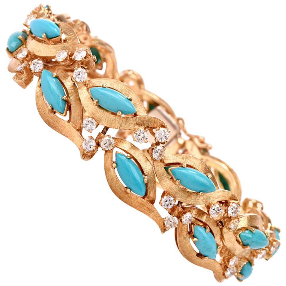 1960s Vintage Diamond Persian Turquoise Diamond Gold Bracelet