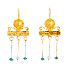 24 Karat Gold Handcrafted Roman Style Pearl and Emerald Earrings