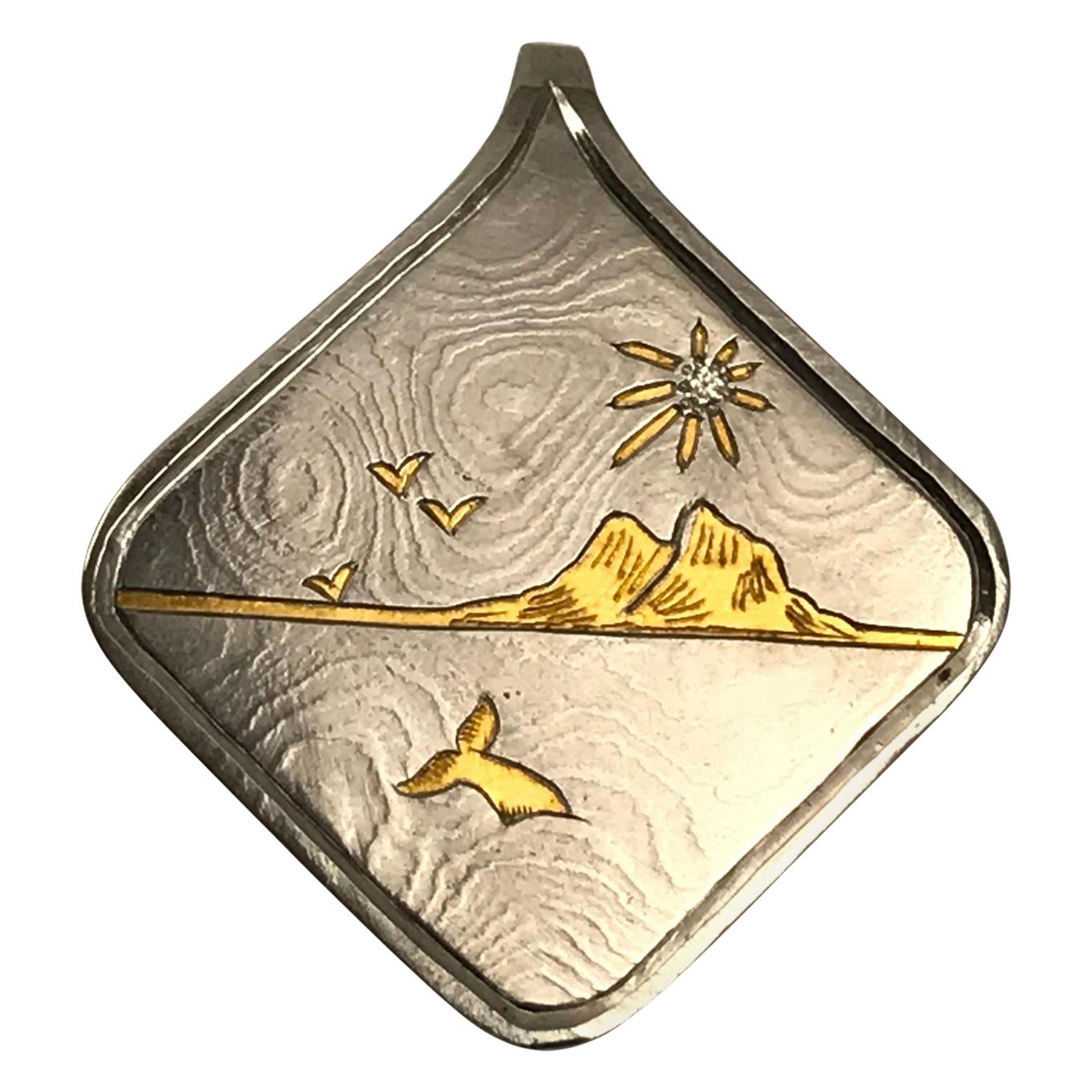 Damascus Steel Pendant and 24 Karat Gold Inlay-Mountains For Sale