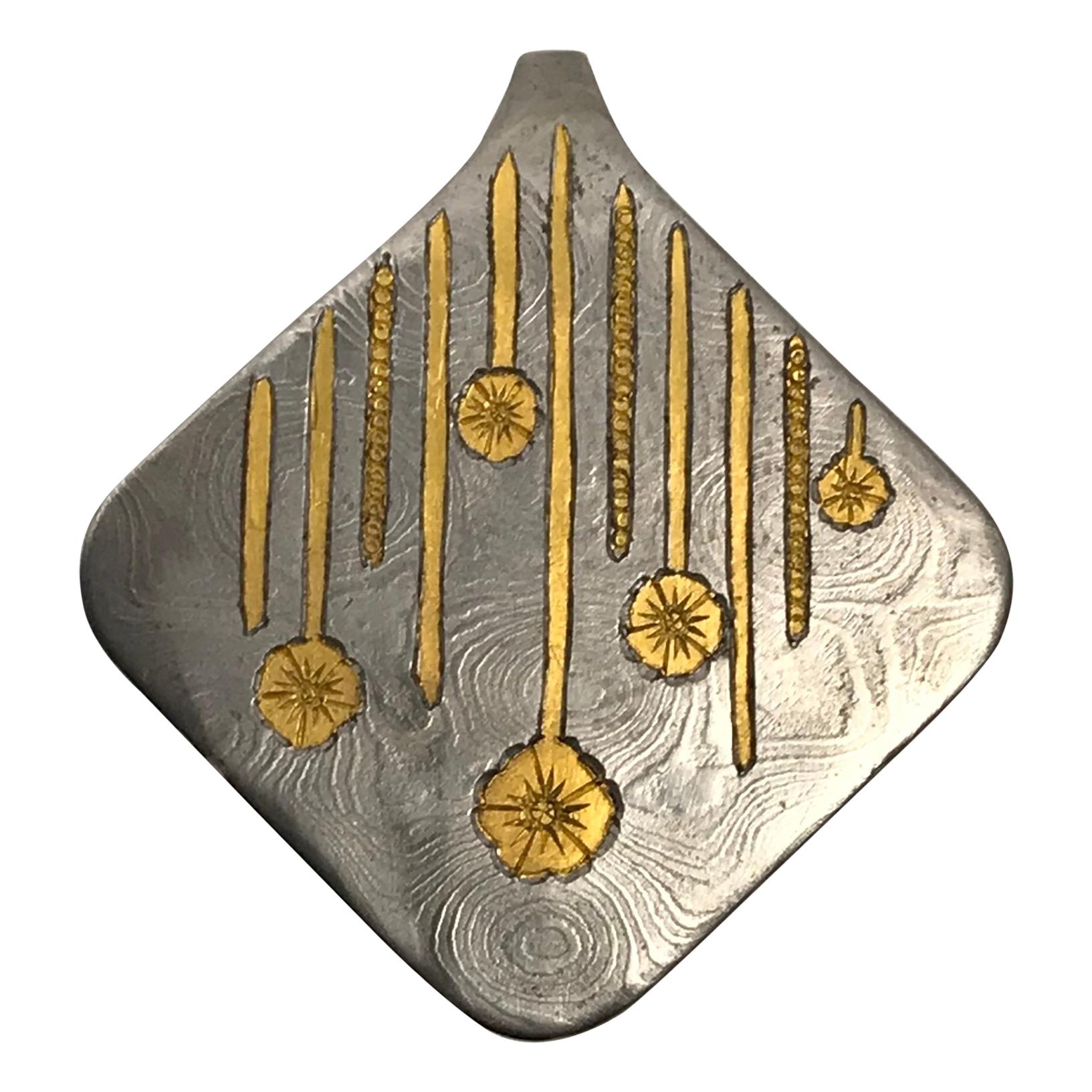 Damascus Steel Pendant and 24 Karat Gold Inlay-Water For Sale