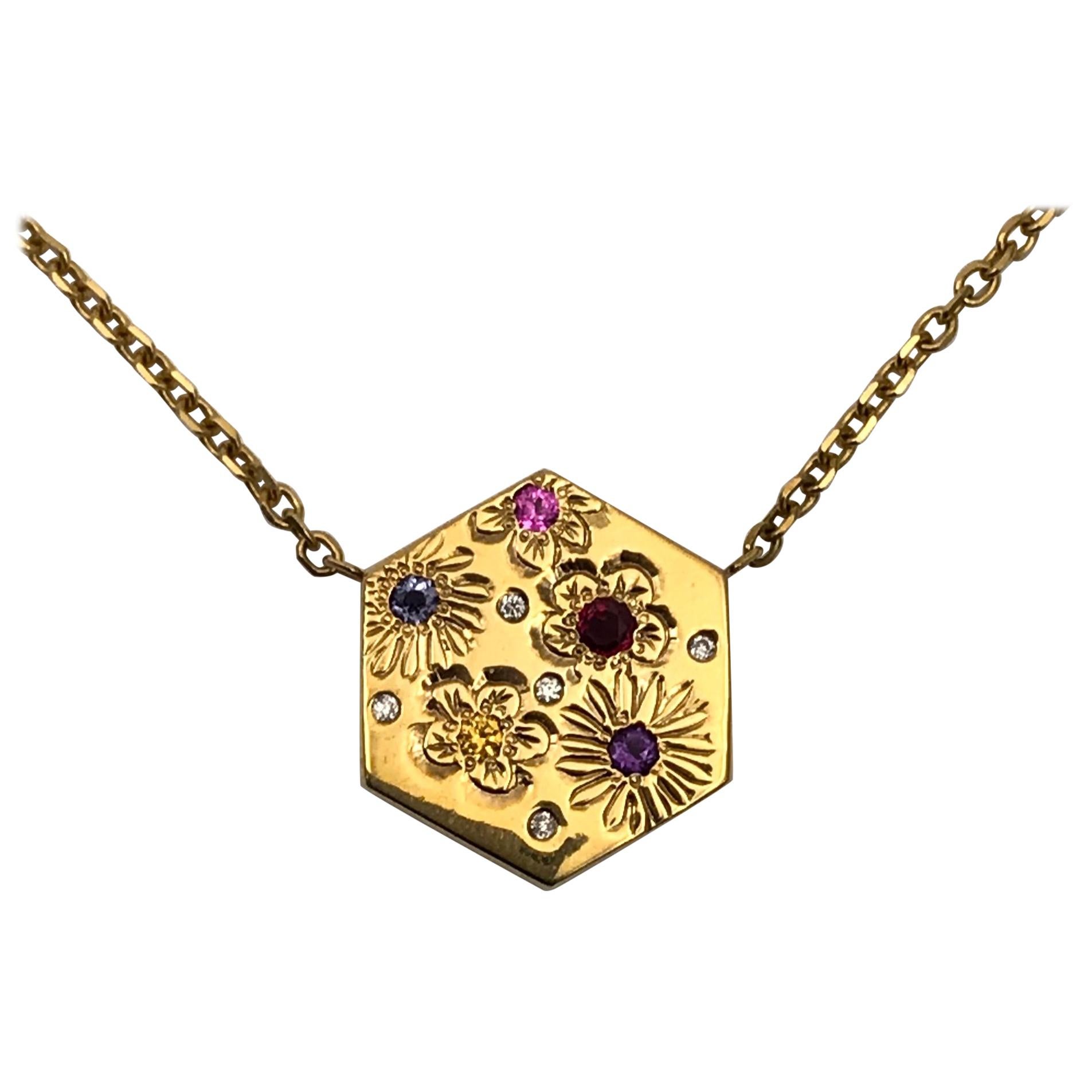 Hexagon Necklace in 14 Carat Gold and Gems-Flower Variety For Sale