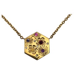 Hexagon Necklace in 14 Carat Gold and Gems-Flower Variety
