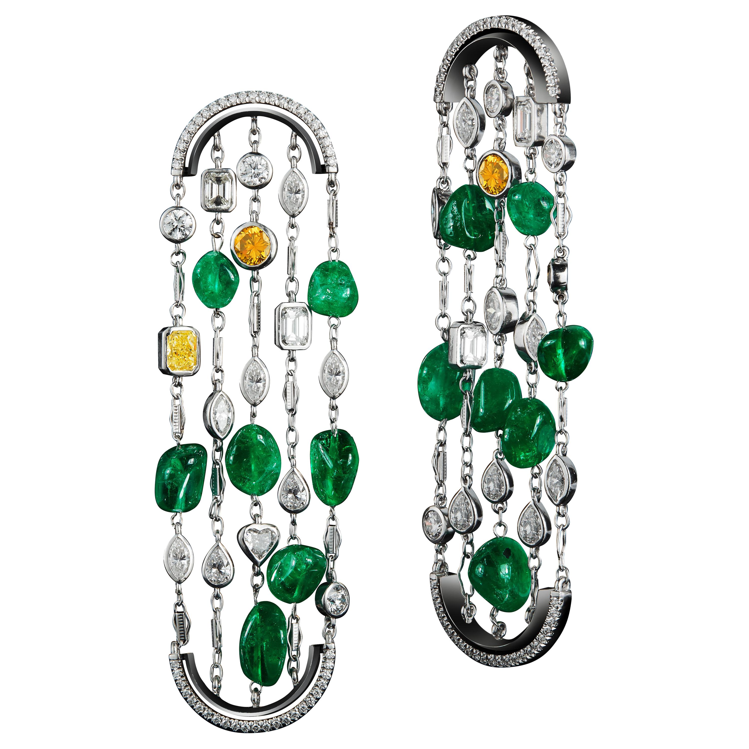 Alexandra Mor One-of-a-Kind Diamonds and Muzo Emerald Nuggets Arched Earrings