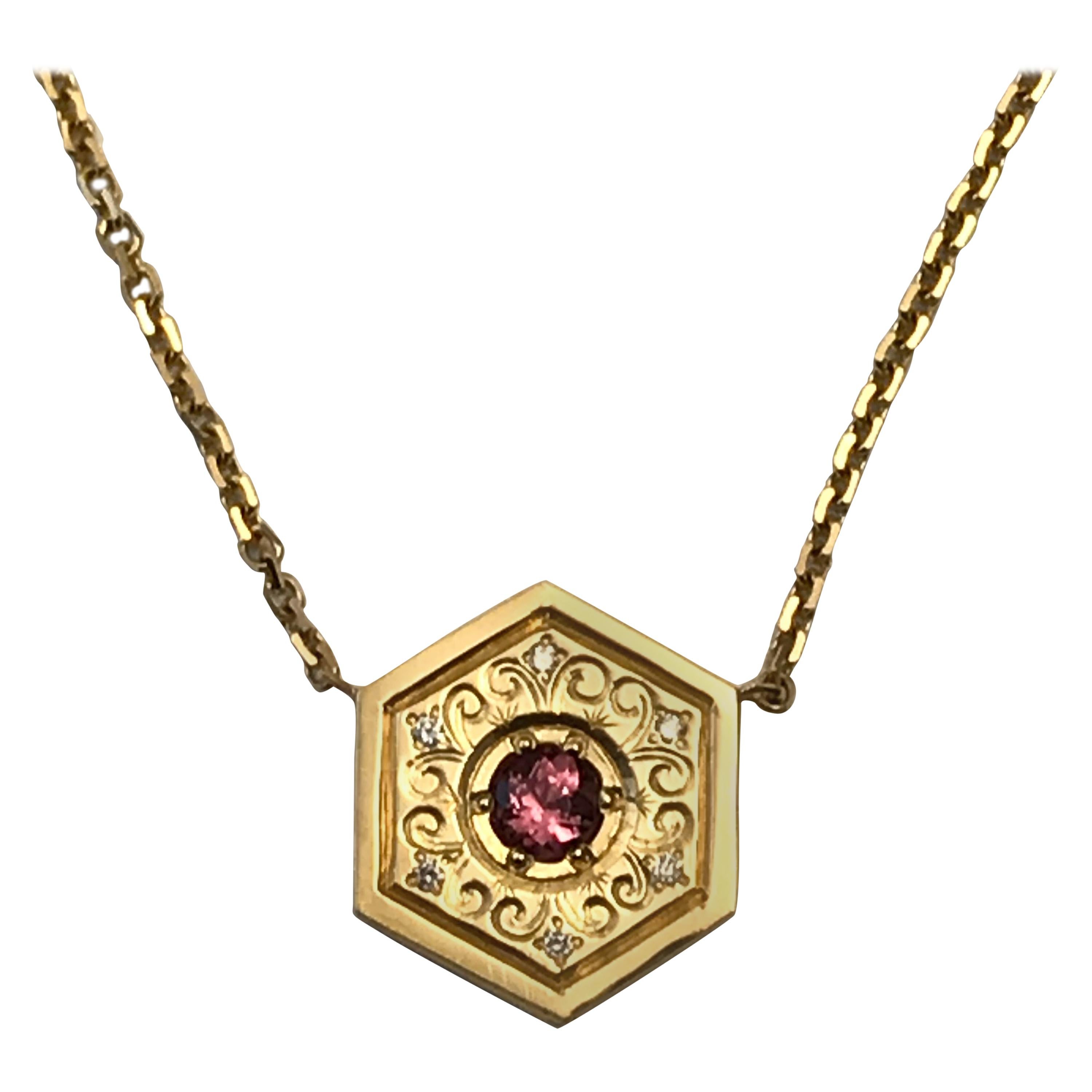 Hexagon Necklace in 14 Karat Gold and Gems-Pink Sapphire Flower For Sale