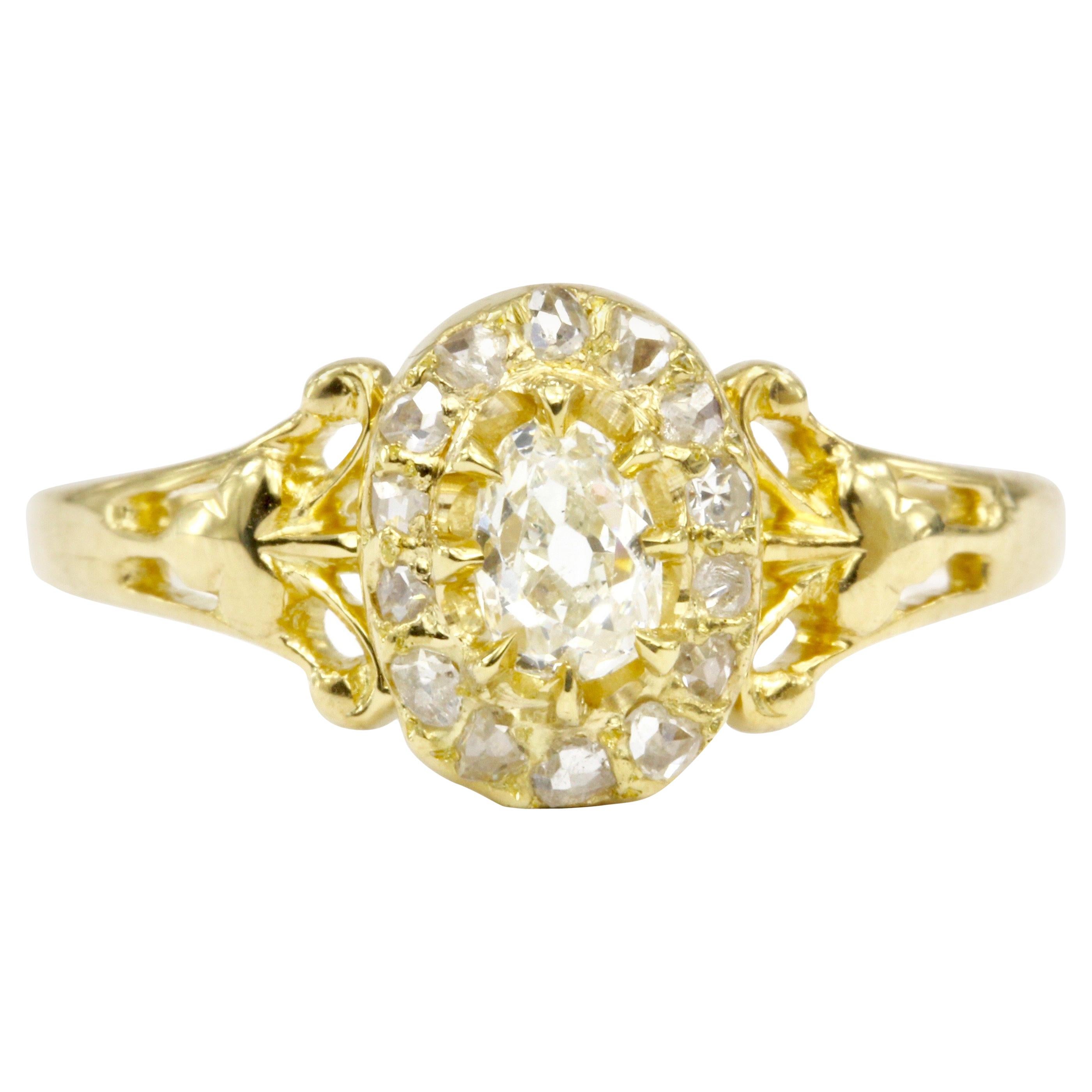 Yellow Gold Victorian Old Mine Cut Oval Ring Set with Rose Cut Diamonds