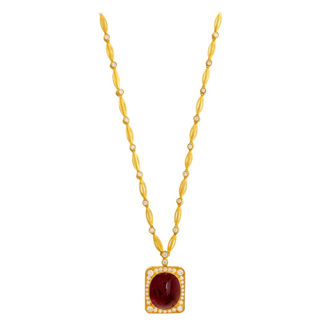24 Karat Pure Gold Handcrafted Cabochon Rubelite Necklace For Sale