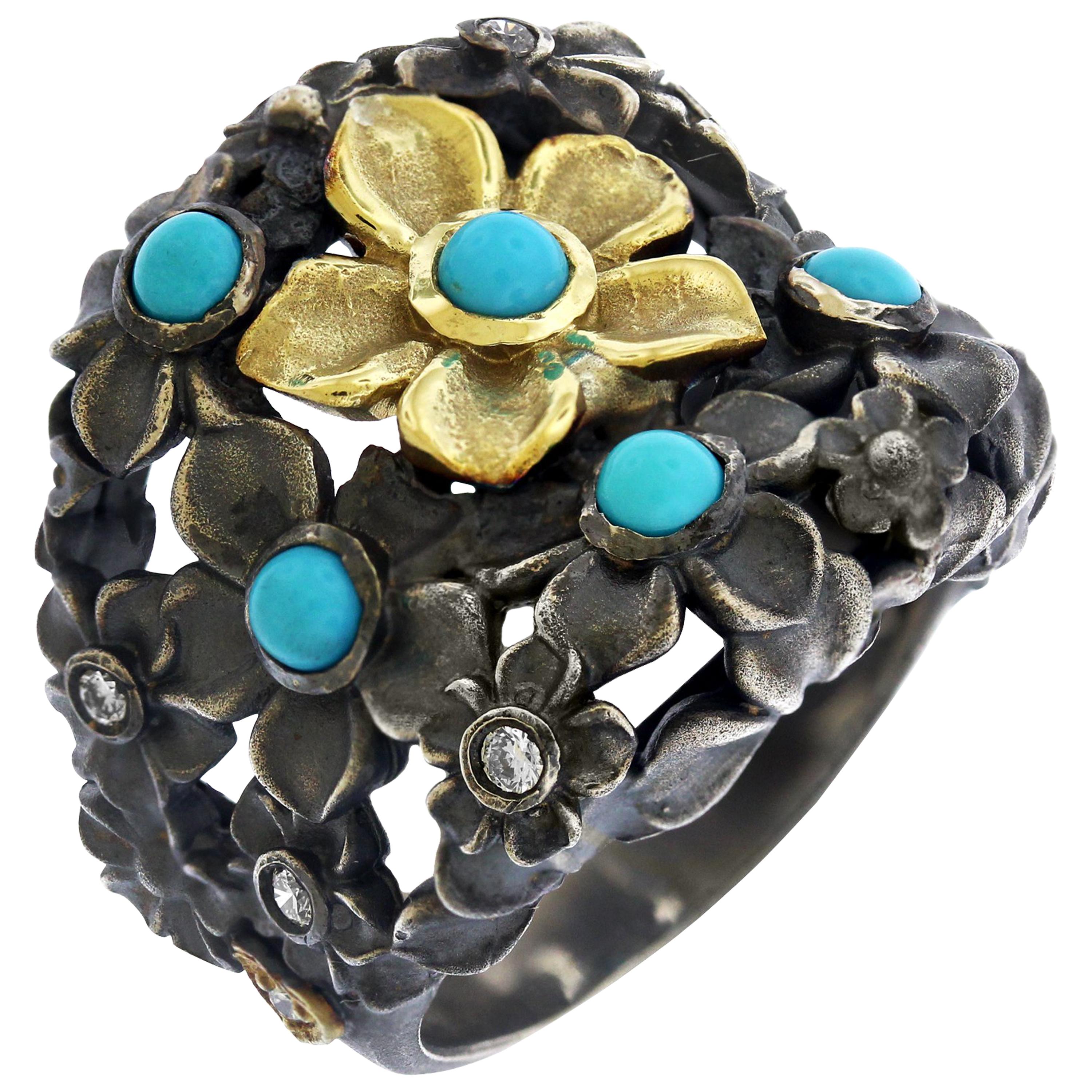Turquoise Sterling Silver Gold and Diamond Flower Ring Stambolian