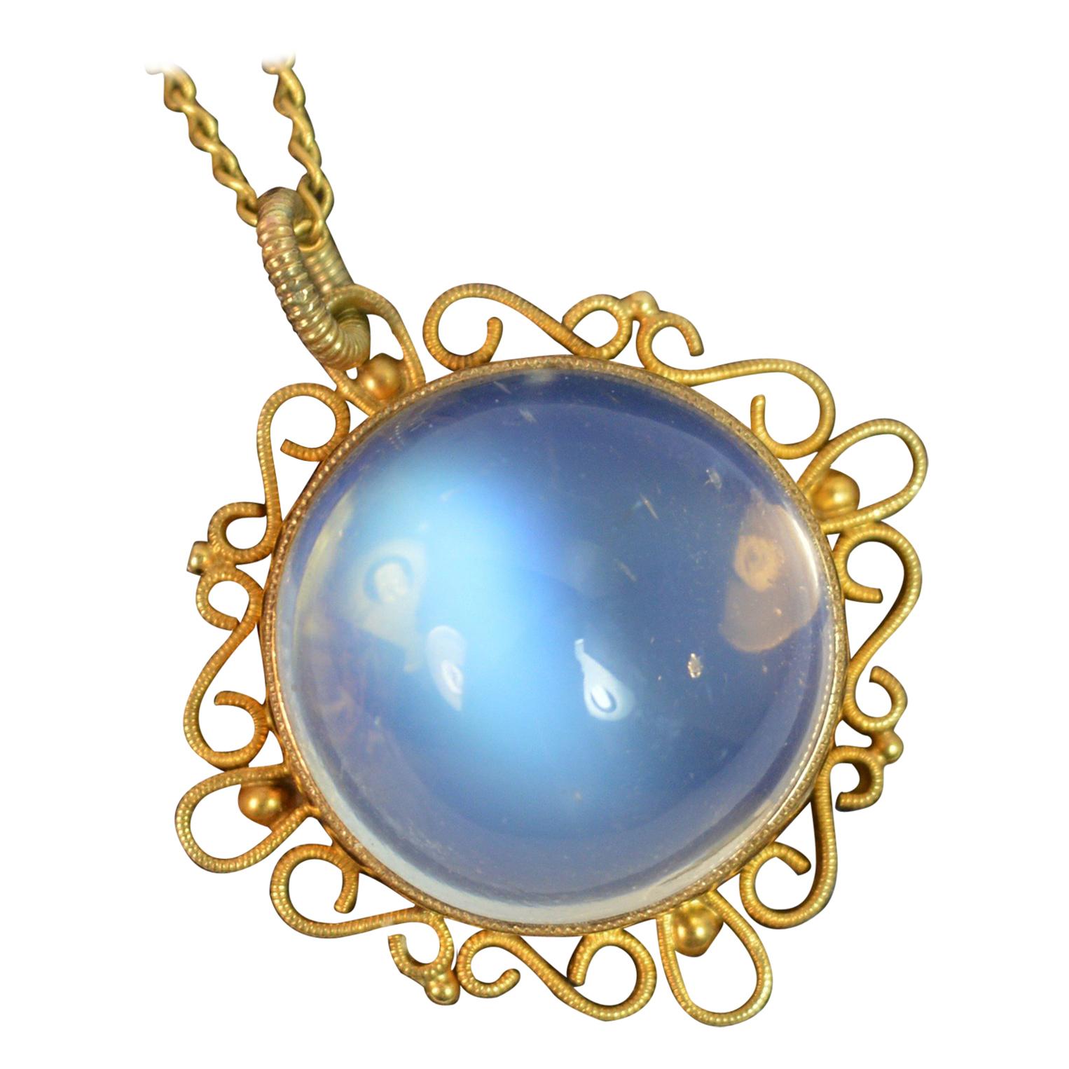 Victorian Large Moonstone Solitaire and 9 Carat Gold Pendant and Chain