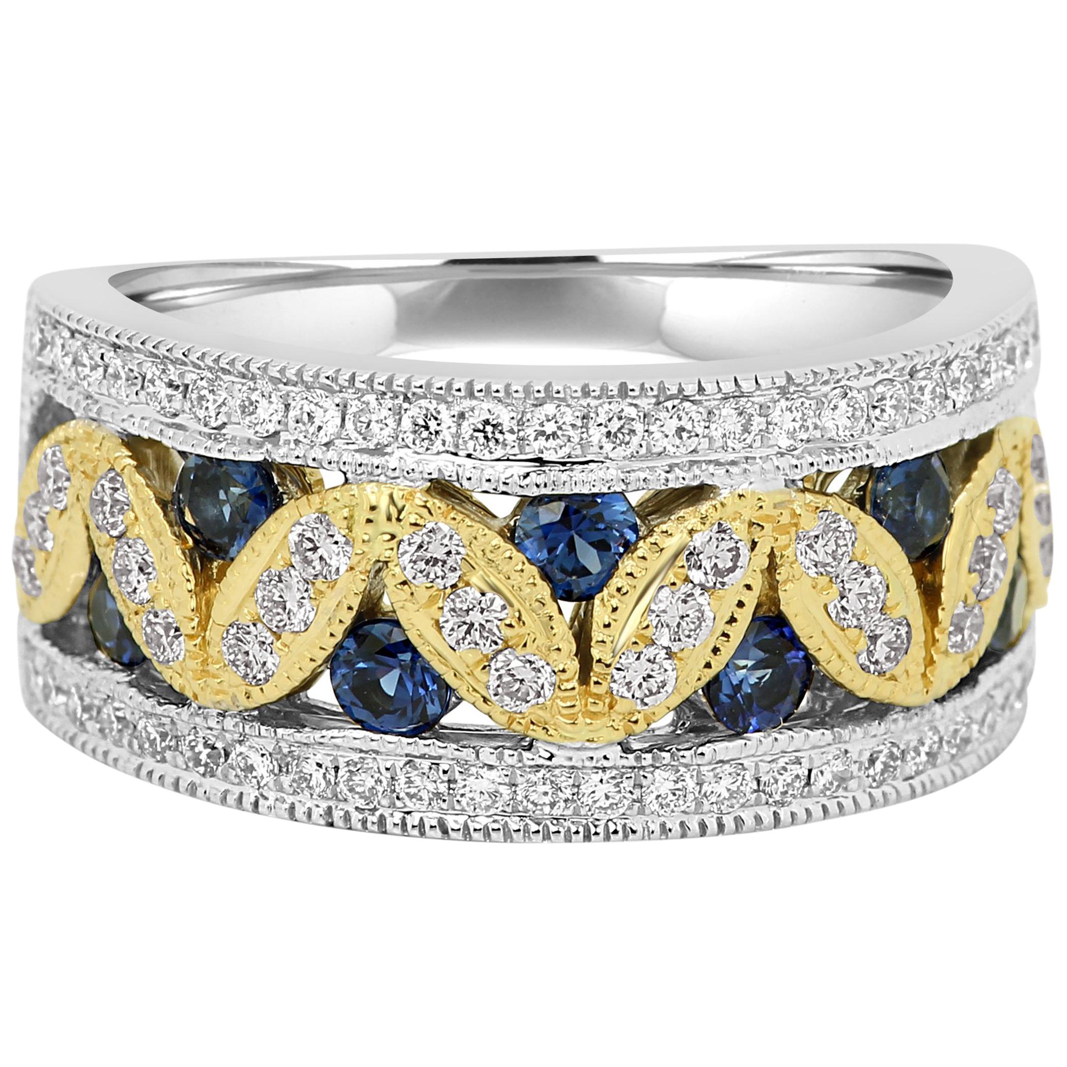 Blue Sapphire Round White Diamond Two-Color Gold Cocktail Fashion Band Ring