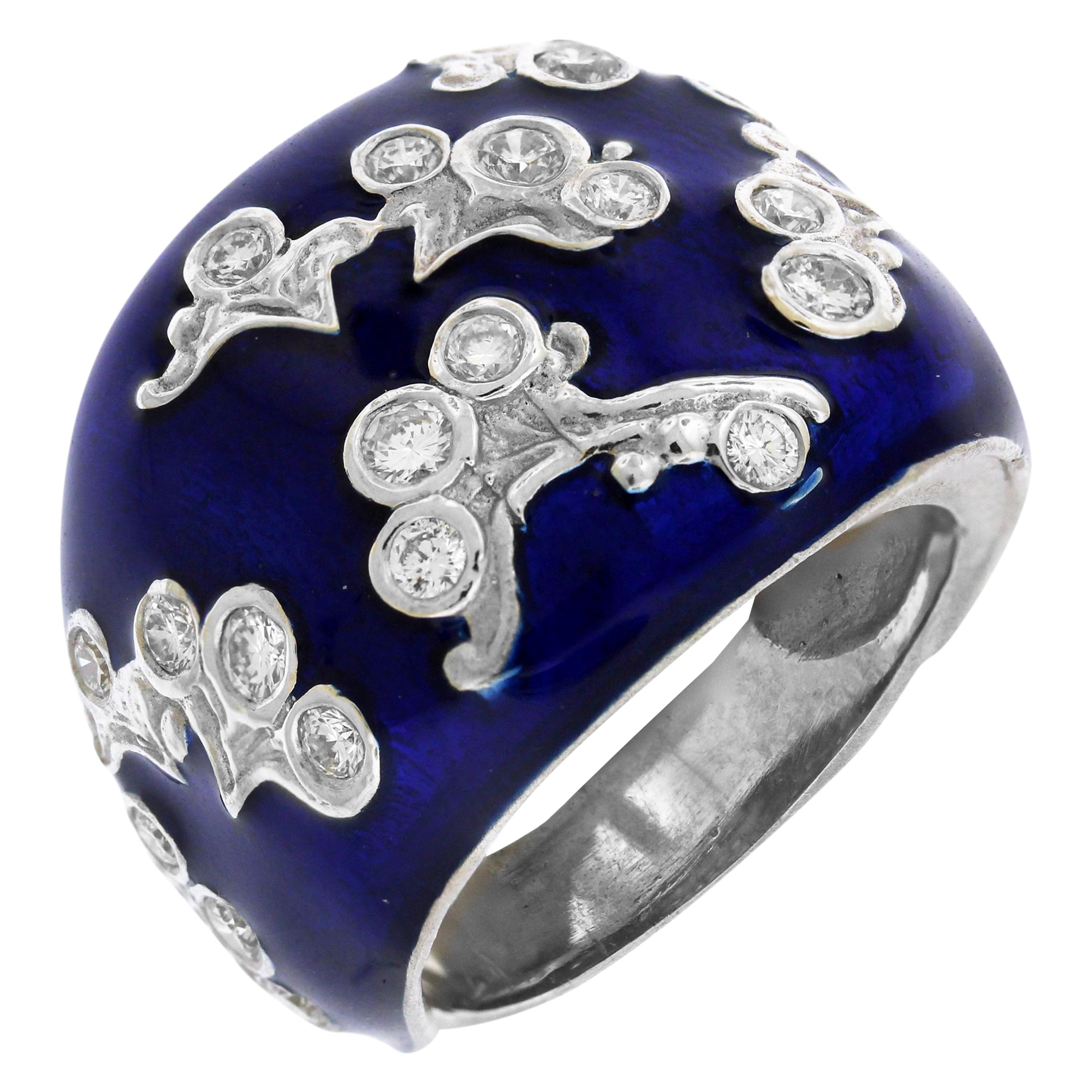 Stambolian 18 Karat White Gold Diamond Cobalt Blue Enamel Floral Motif Ring
